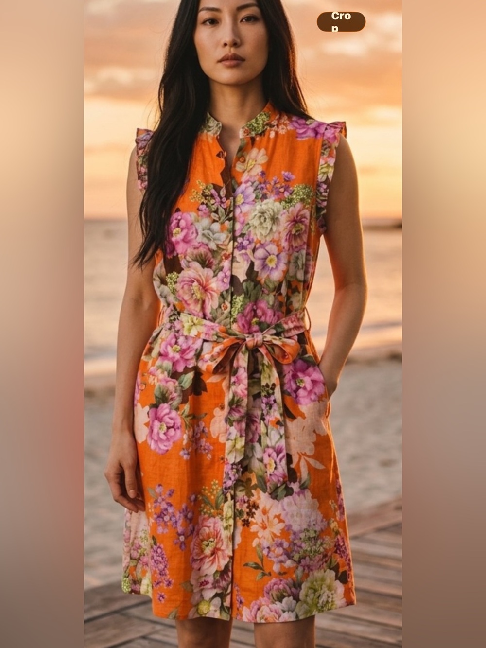 Floral Orange Buttoned Dress with Flutter Sleeves